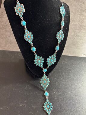 Turquoise Floral Y-Drop Necklace - Bright Blue Turquoise Color Stone Accents